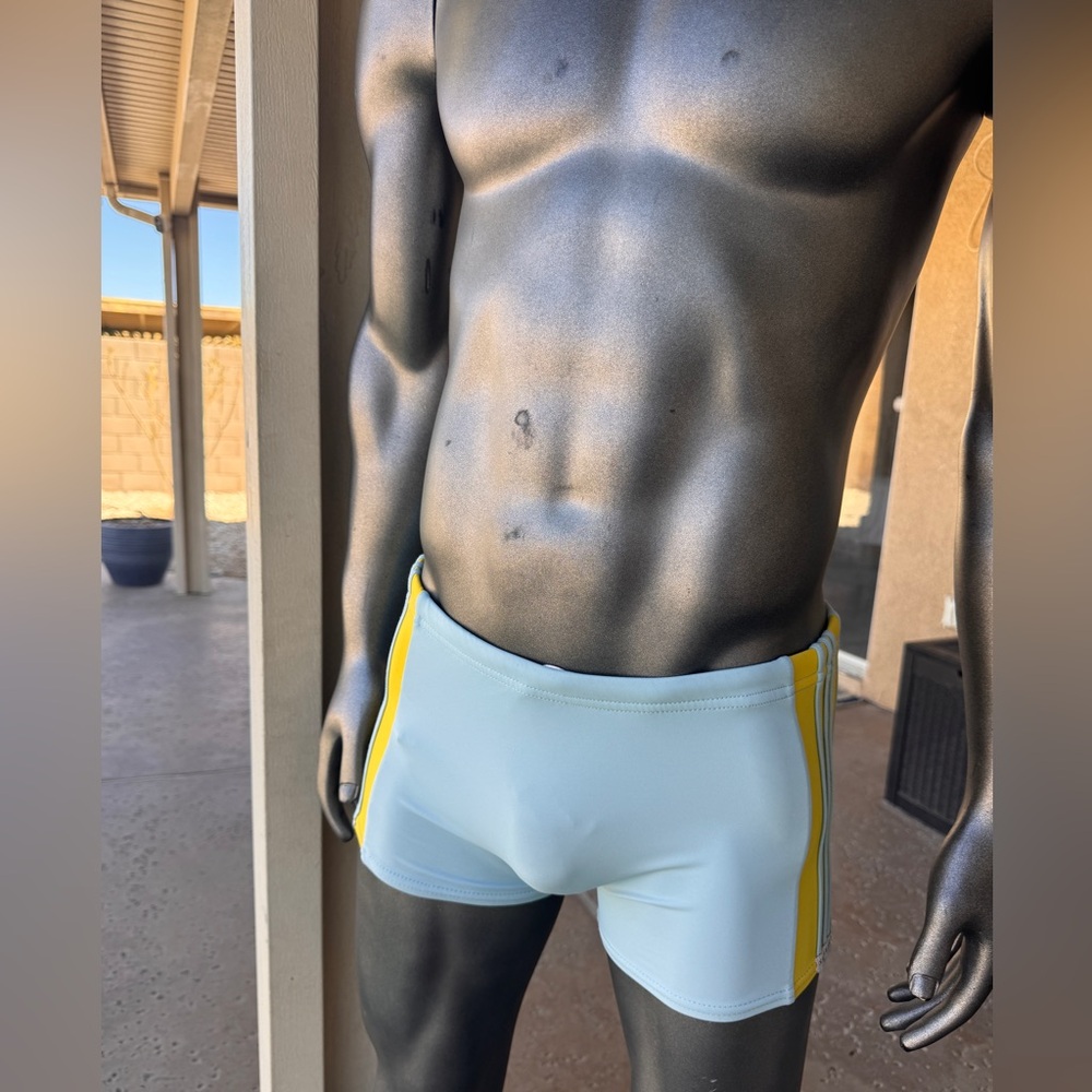 Sauvage Men's Light Blue Swim Trunks with Yellow Stripes